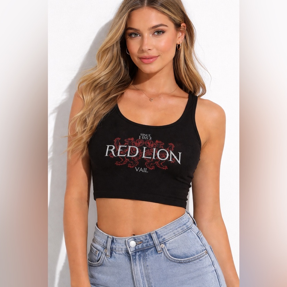 Vintage Style Red Lion Vail Crop Top | Black Graphic Tank | Small
